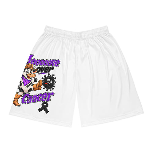 Front view of white Moooove Over Cancer basketball shorts with colorful cow artwork and black ribbon