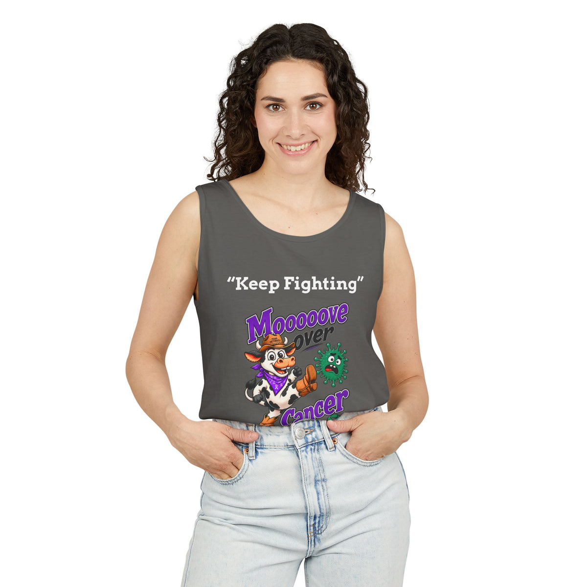Man modeling a turquoise Moooove Over Cancer tank top with Keep Fighting artwork