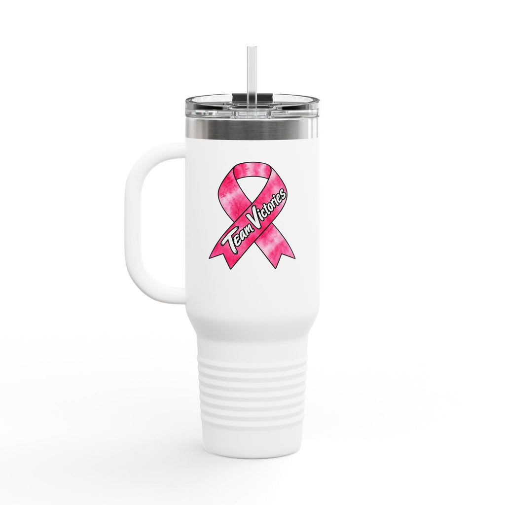 Team Victories design with a pink Breast Cancer awareness ribbon on the back of a travel mug
