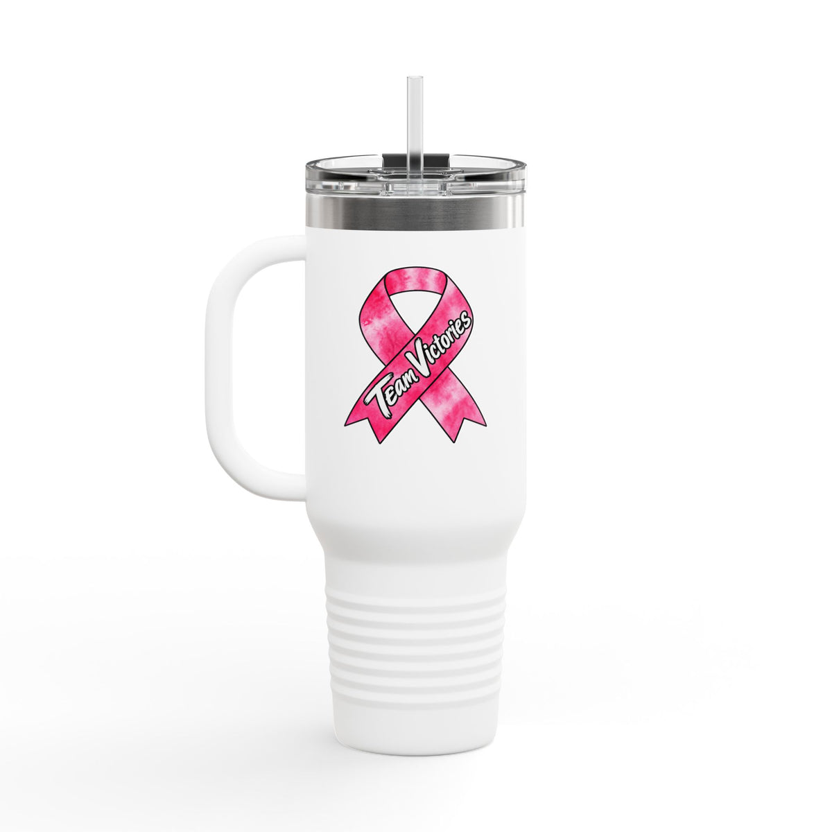 Team Victories design with a pink Breast Cancer awareness ribbon on the back of a travel mug
