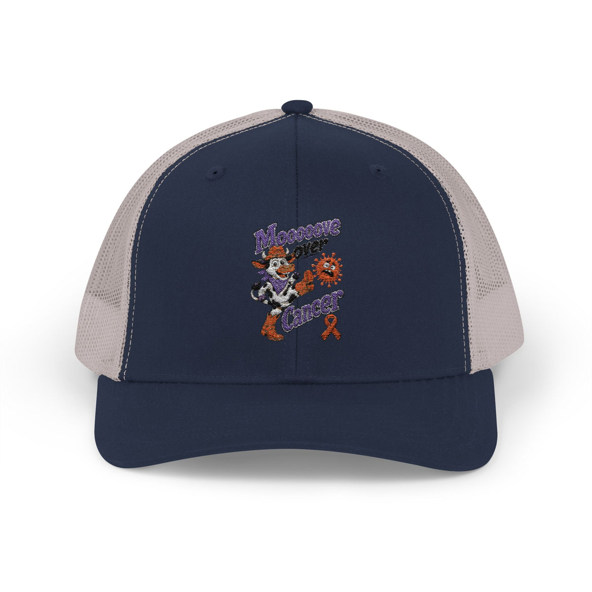 Back of the Moooove Over Cancer trucker hat with adjustable snapback closure