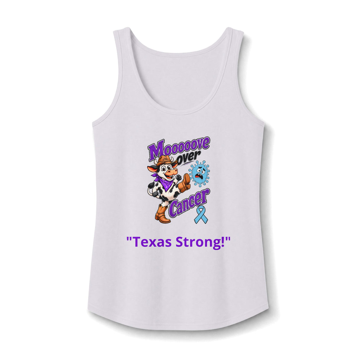 Moooove Over Cancer Texas Strong tank top in white with a Prostate Cancer awareness ribbon