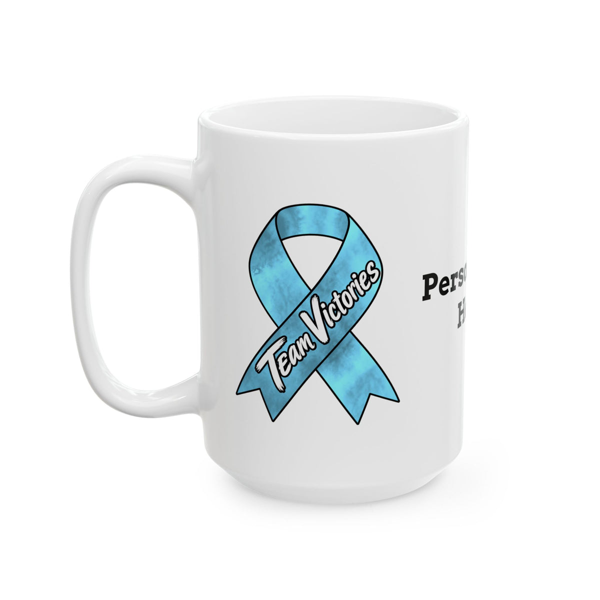 Team Victories design on a Moooove Over Cancer mug with Prostate Cancer awareness ribbon