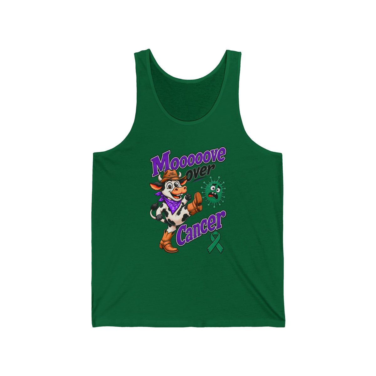 Moooove Over Cancer dark green tank top with Liver Cancer awareness ribbon artwork
