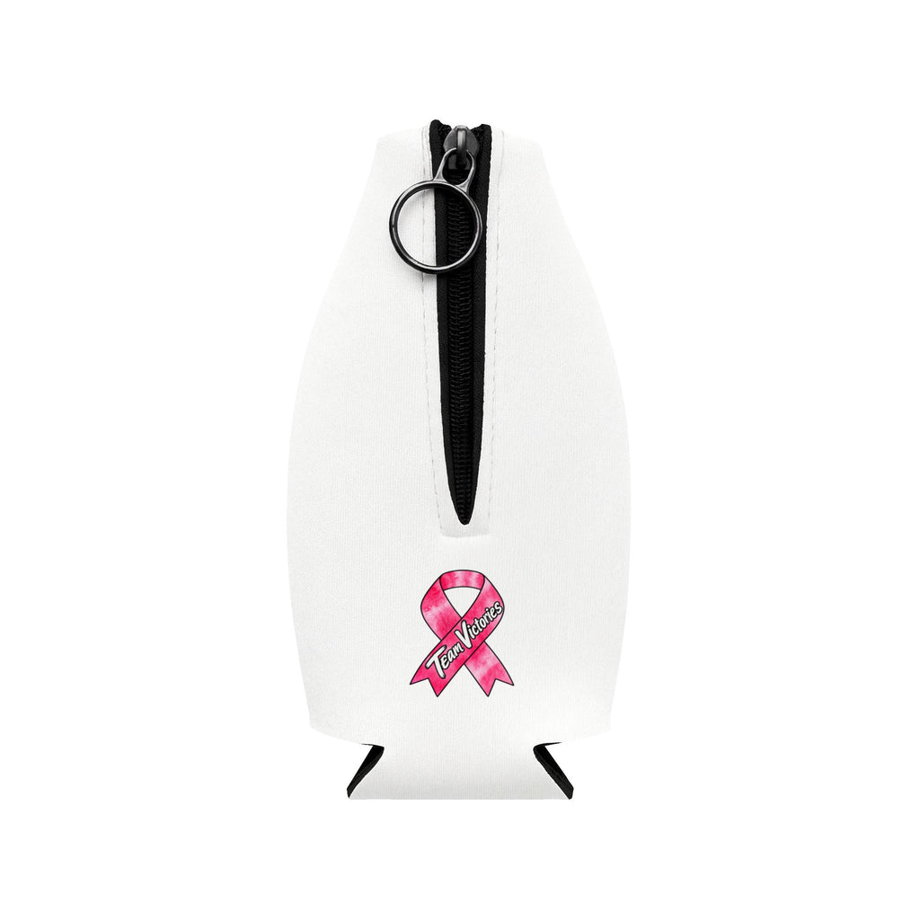 Back of Moooove Over Cancer bottle cooler sleeve showing the zipper and Breast Cancer awareness ribbon