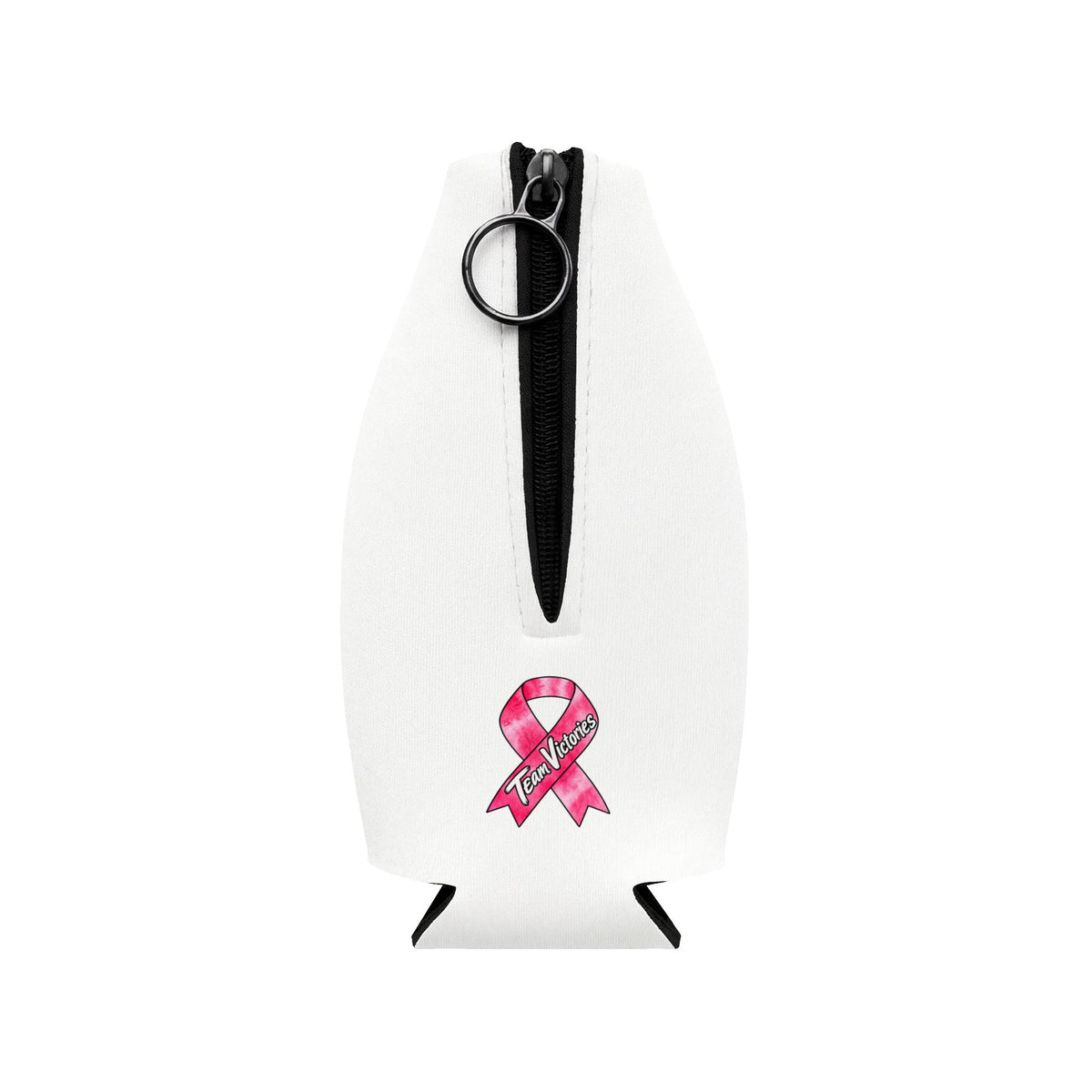 Back of Moooove Over Cancer bottle cooler sleeve showing the zipper and Breast Cancer awareness ribbon