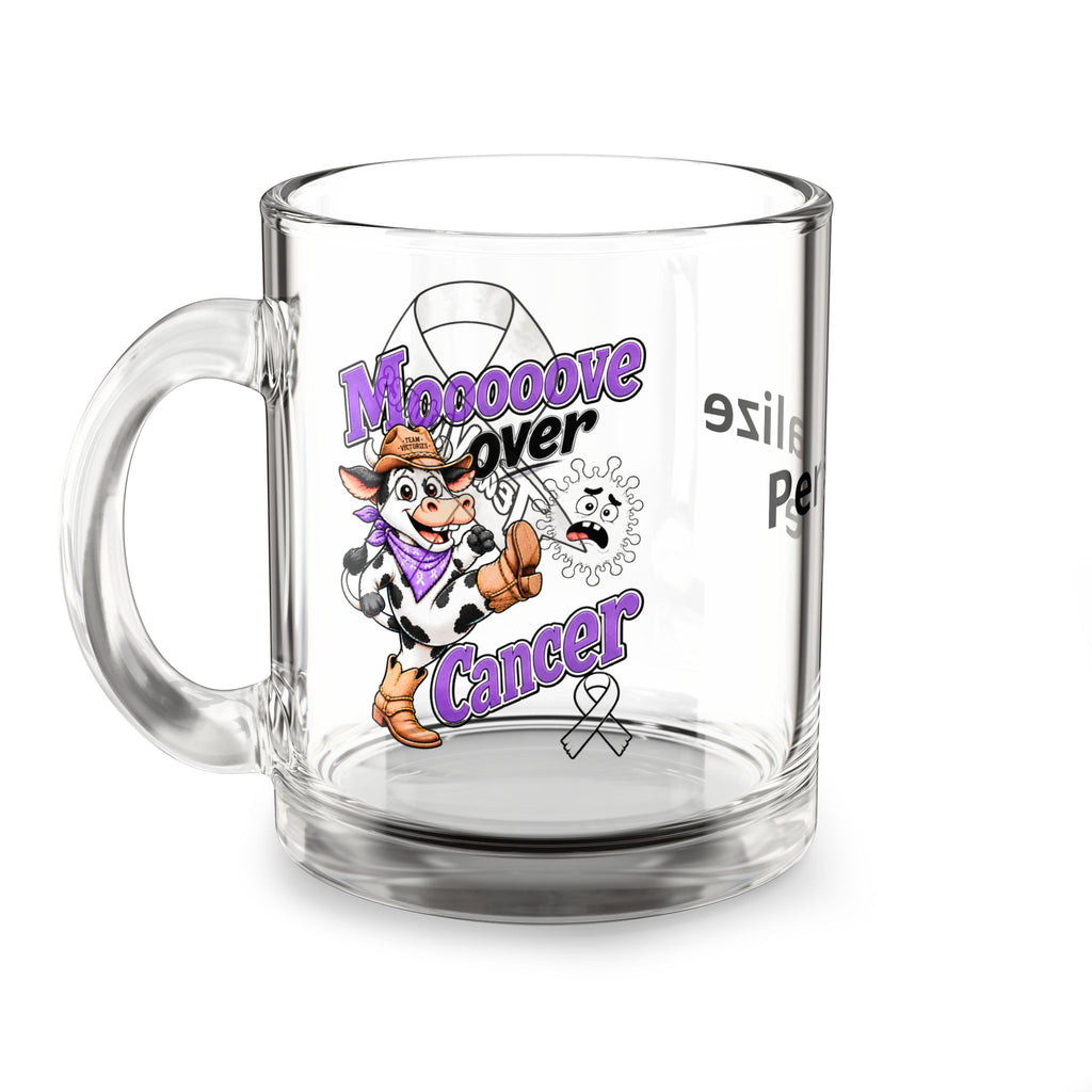 Moooove Over Cancer cowgirl ribbon design on a clear 10 oz personalized glass mug