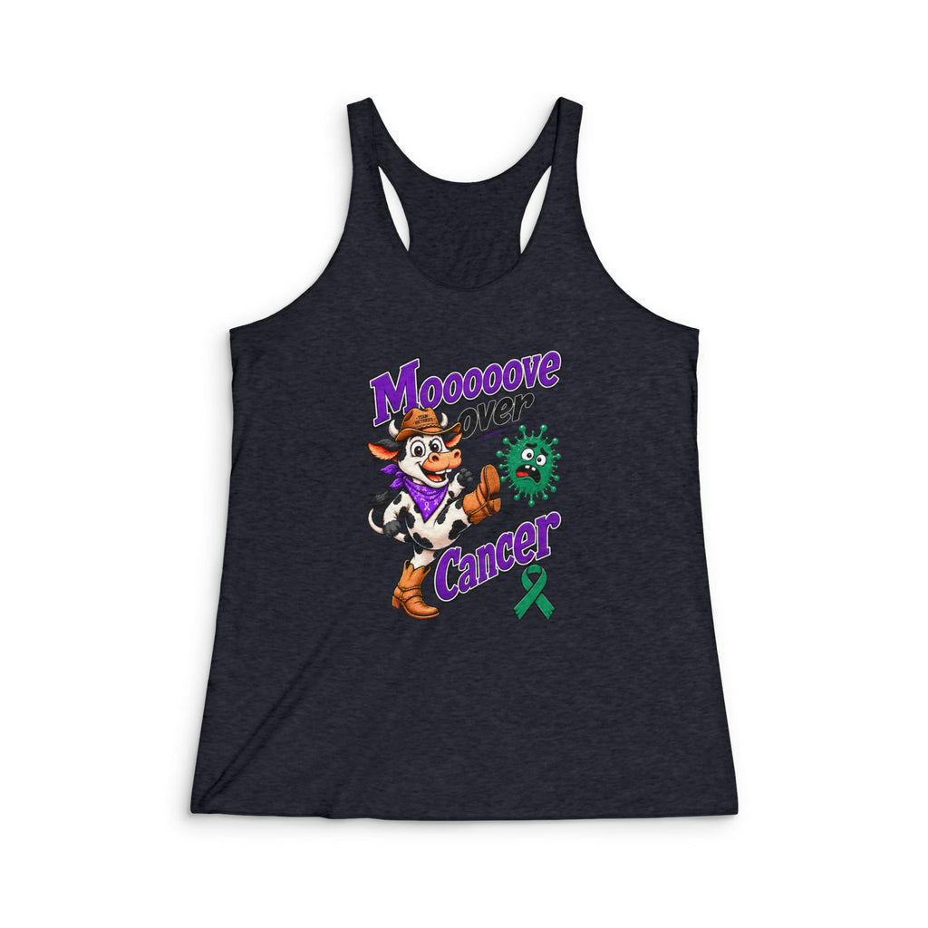 Moooove Over Cancer racerback tank top with green Liver Cancer awareness ribbon on a black tank
