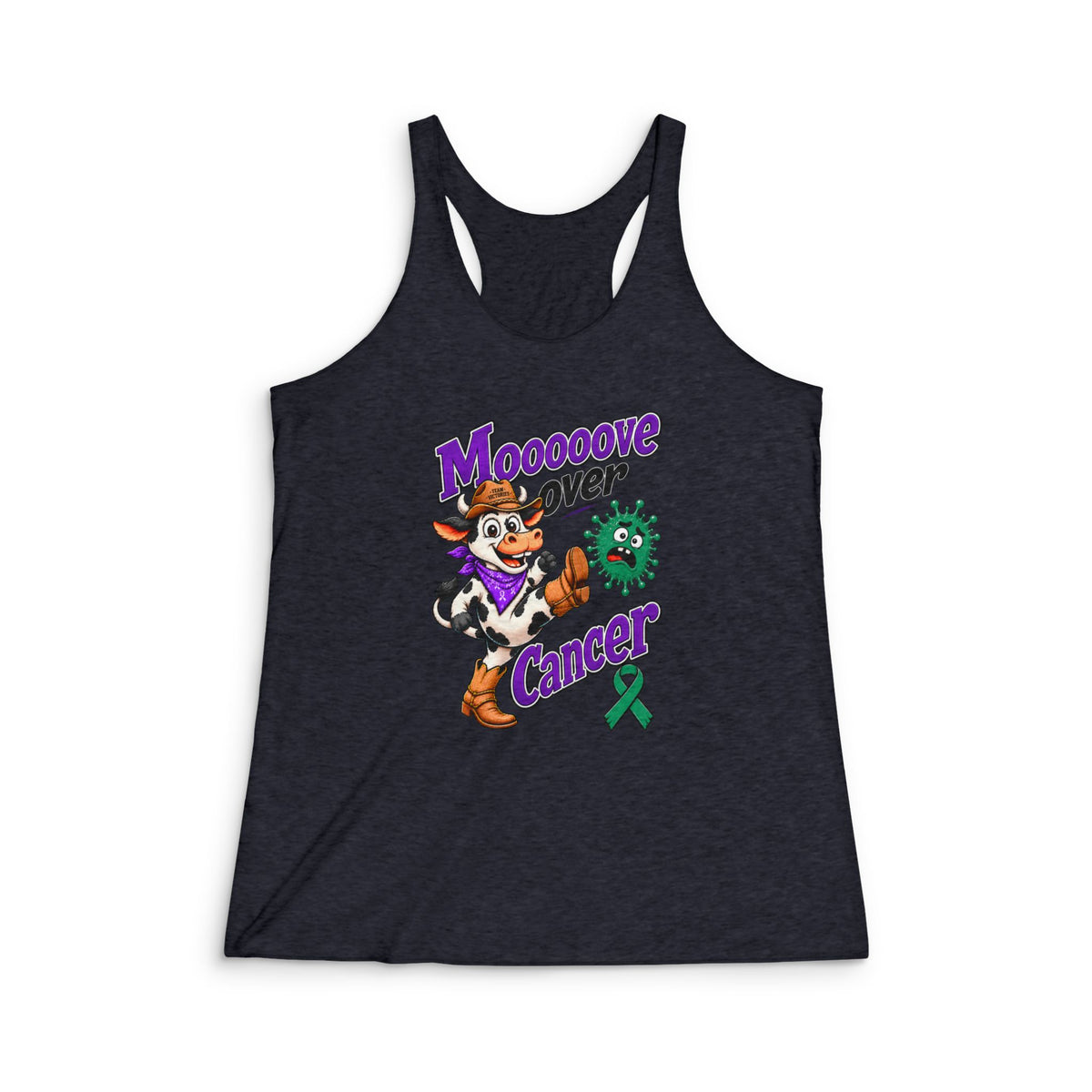 Moooove Over Cancer racerback tank top with green Liver Cancer awareness ribbon on a black tank