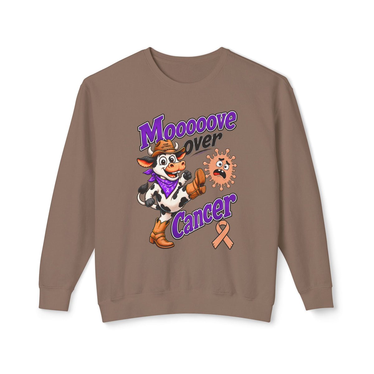 Back-side view of Moooove Over Cancer sweatshirt with Uterine Cancer awareness ribbon design