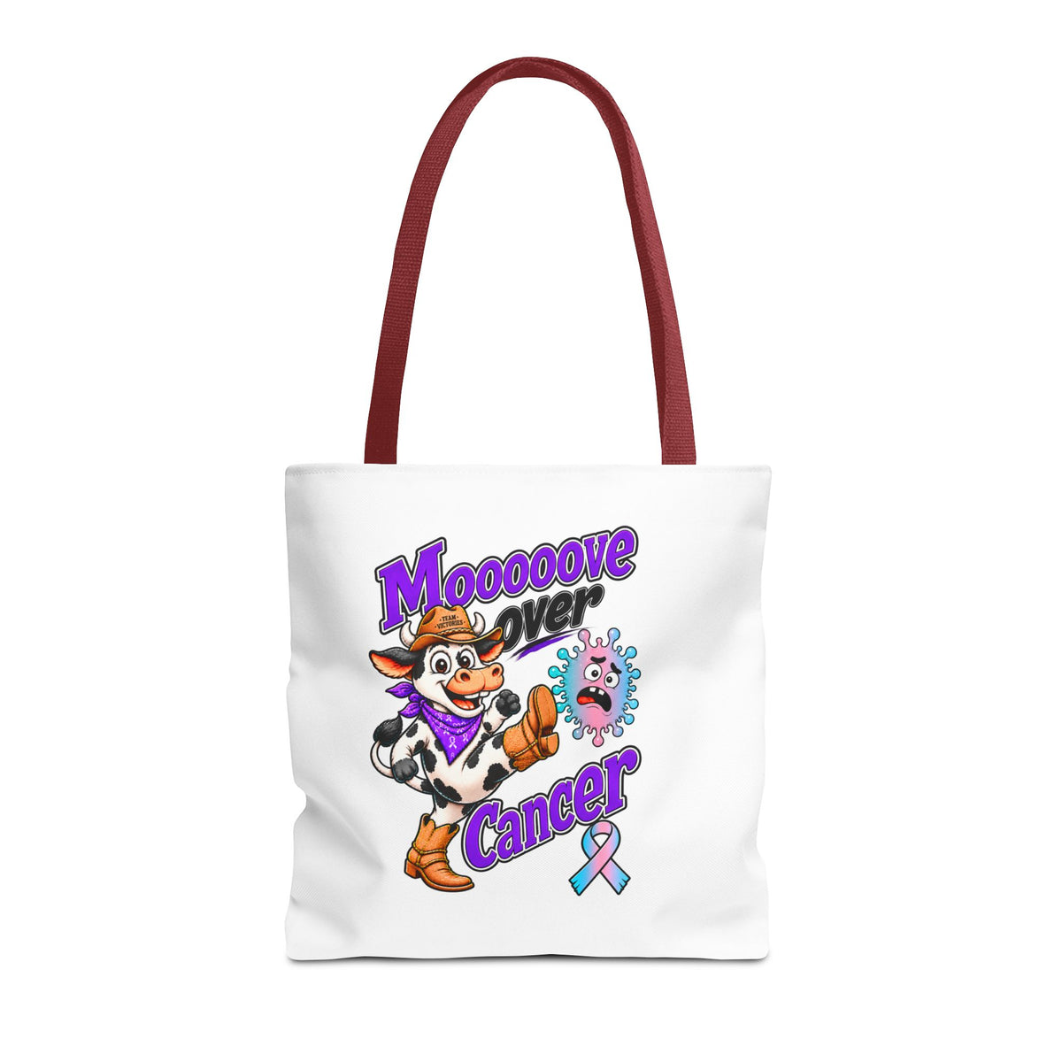 Front view of Moooove Over Cancer polyester tote with Thyroid Cancer awareness ribbon