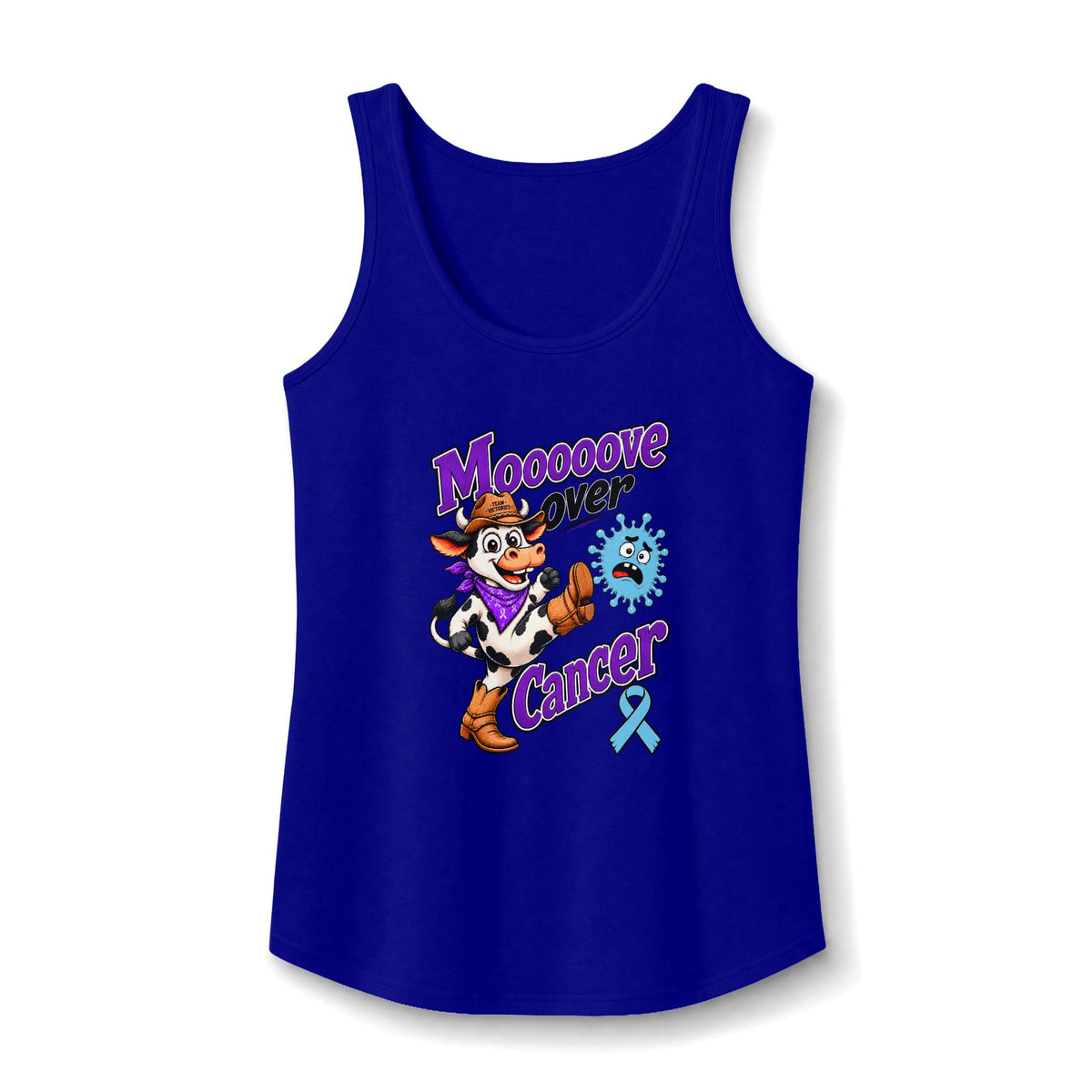 Moooove Over Cancer blue tank top with a Prostate Cancer awareness ribbon