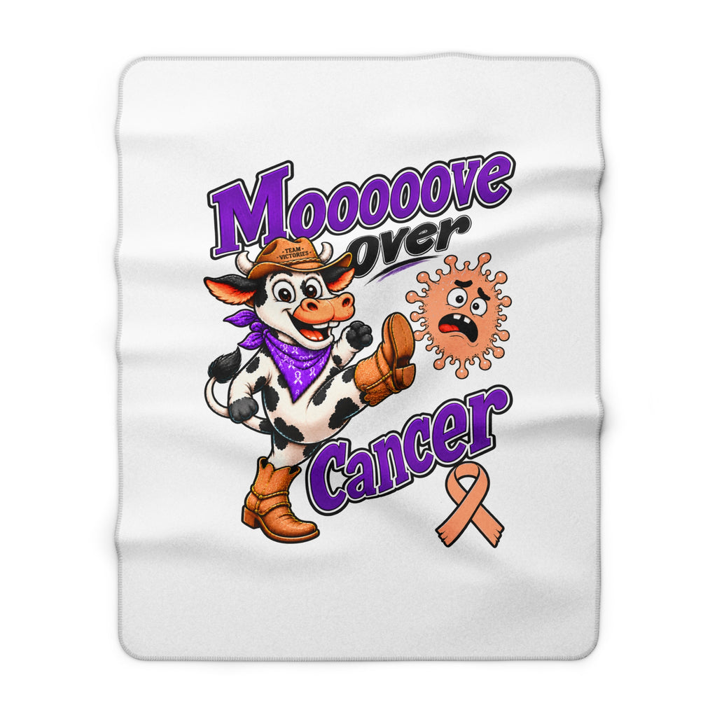 Close view of Moooove Over Cancer sherpa blanket design with Uterine Cancer awareness ribbon