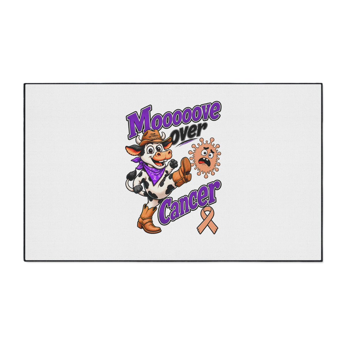 Moooove Over Cancer entry rug showing colorful cow design and Uterine Cancer awareness ribbon
