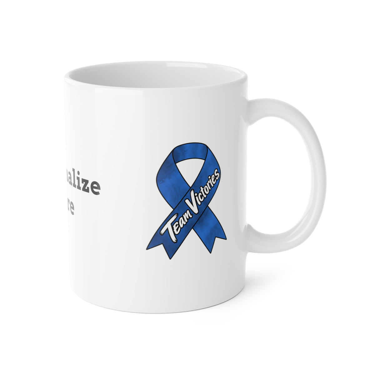 Blue Team Victories ribbon on a Moooove Over Cancer ceramic mug