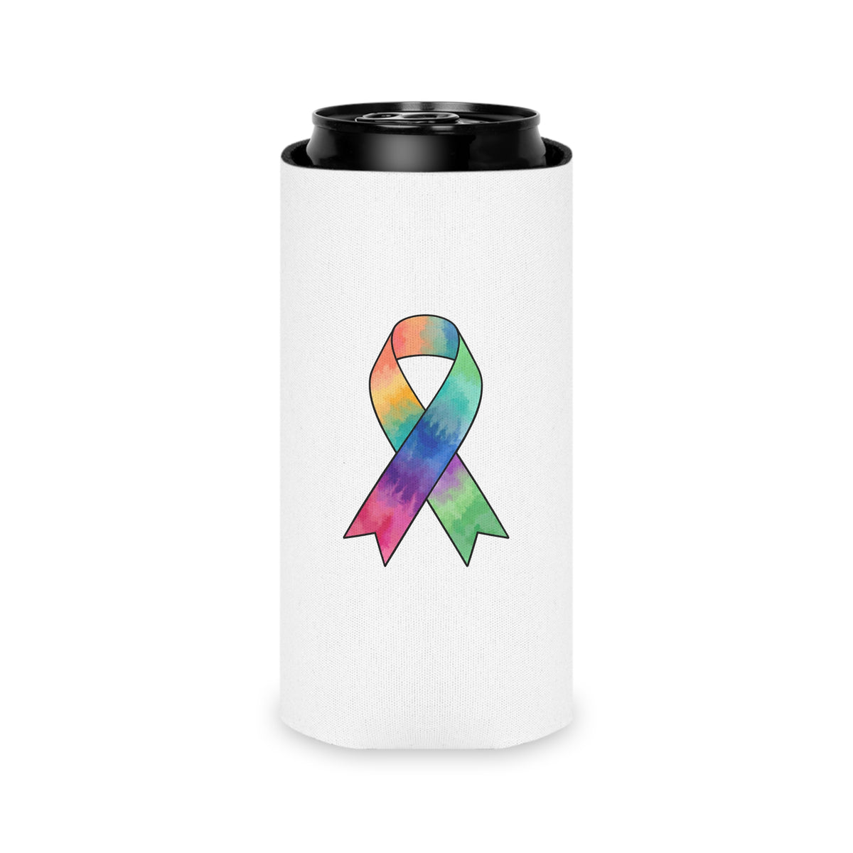 Back of white Slim Can cooler with colorful awareness ribbon artwork