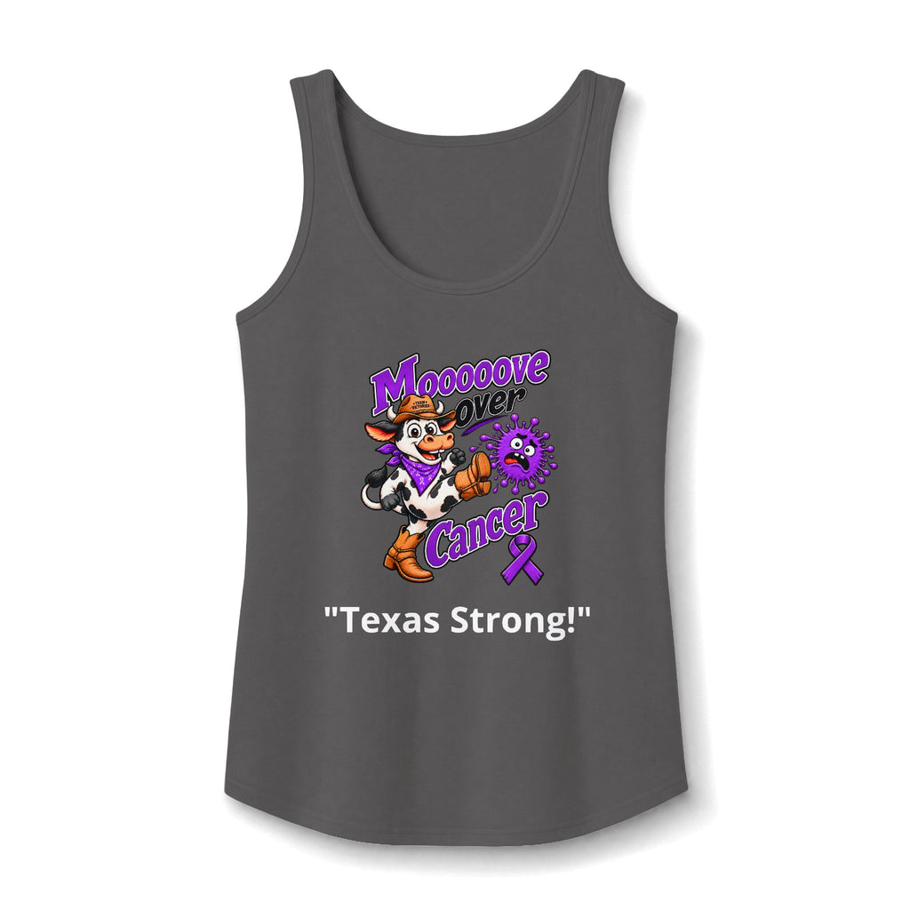 Charcoal Moooove Over Cancer Texas Strong tank top with Pancreatic Cancer awareness ribbon