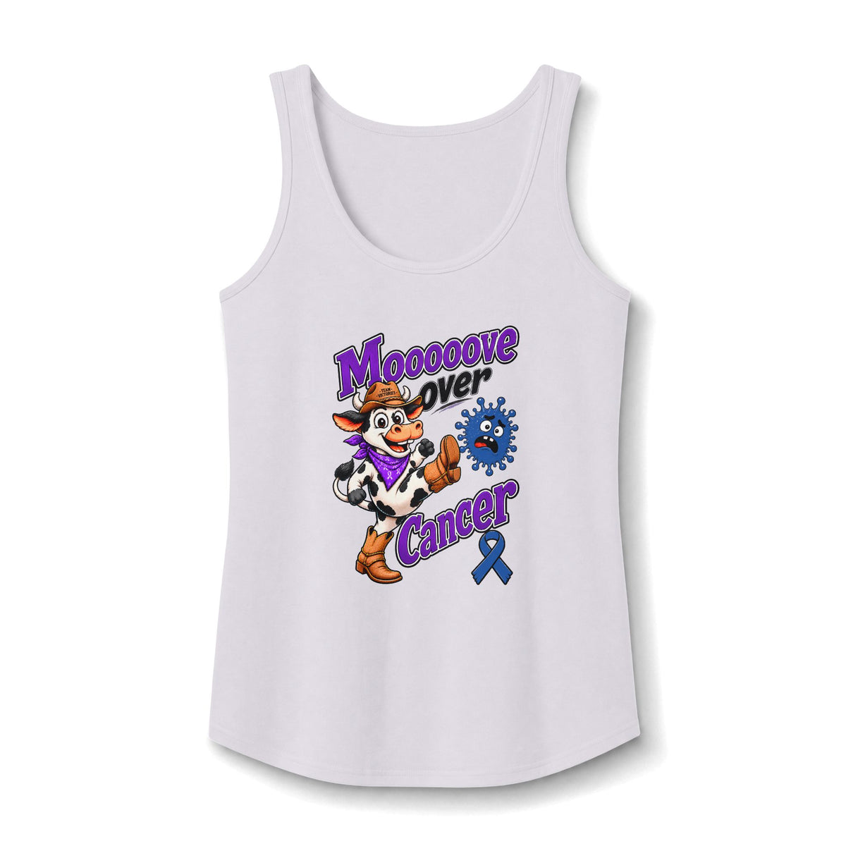 Moooove Over Cancer tank top with Colon Cancer awareness ribbon on a white tank