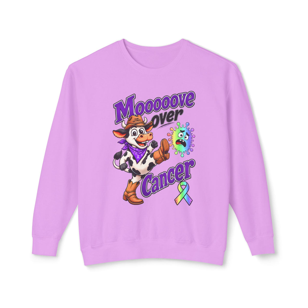 Moooove Over Cancer purple crewneck sweatshirt with cow character and all-cancer awareness ribbon