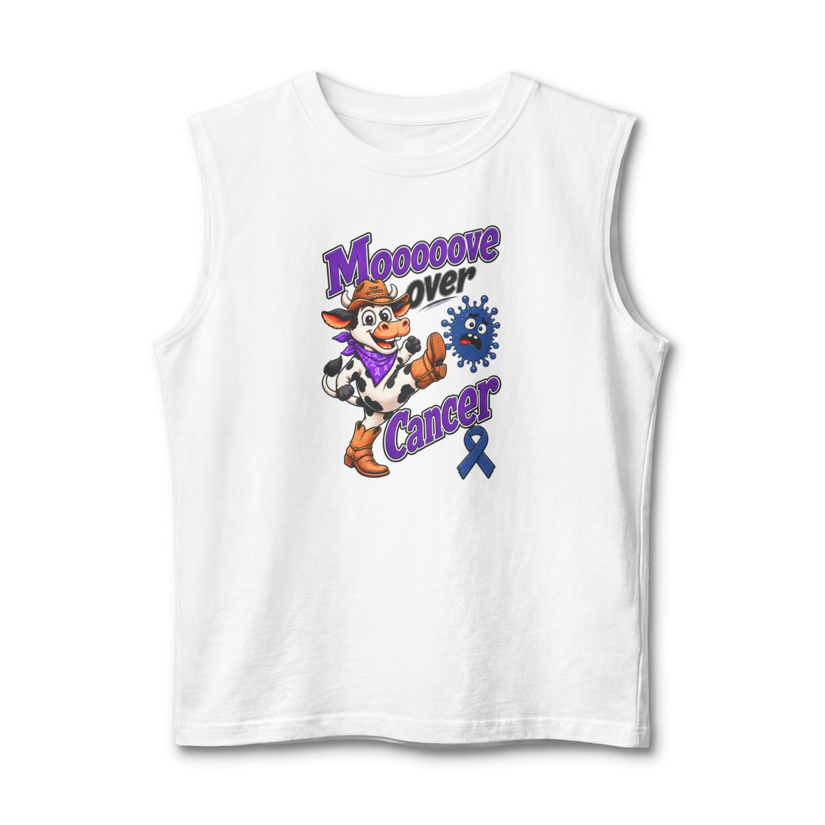 White Moooove Over Cancer tank top with cow graphic and Colon Cancer awareness ribbon