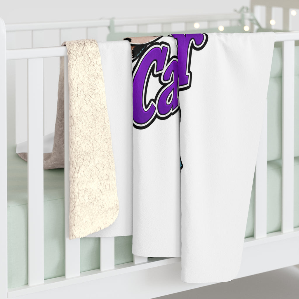 Moooove Over Cancer sherpa blanket hanging over a crib with cow artwork visible