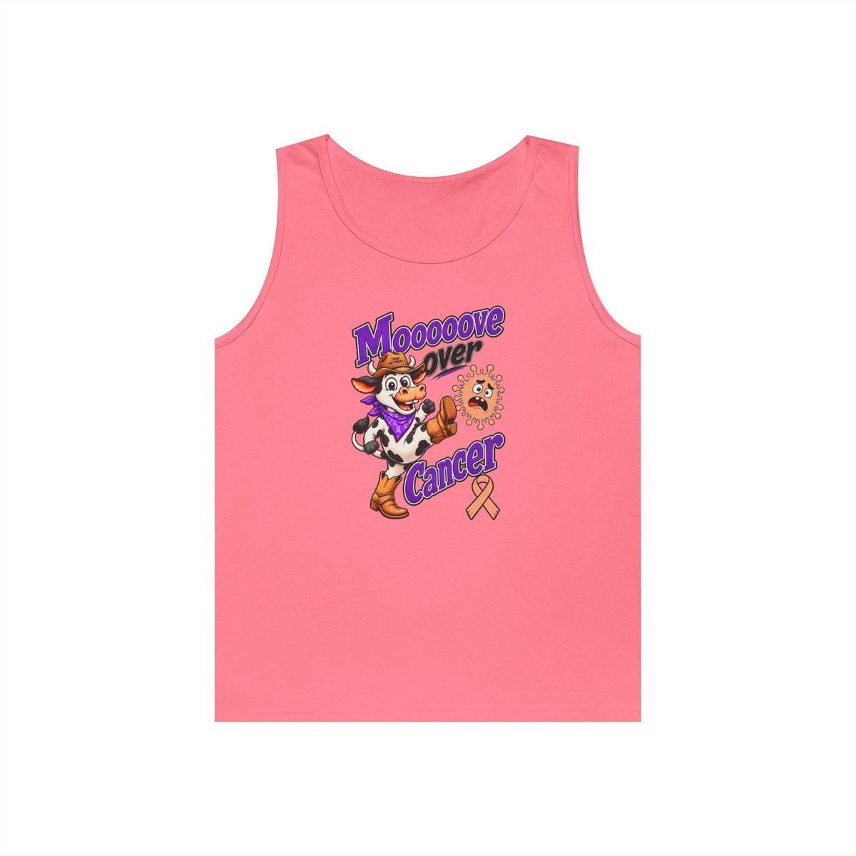 Pink Moooove Over Cancer tank top with cow artwork and Uterine Cancer awareness ribbon