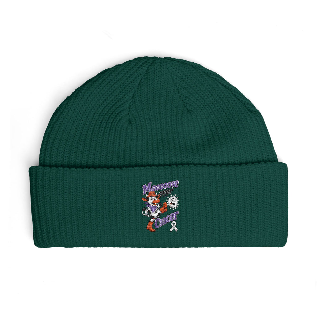 Moooove Over Cancer embroidered cuff beanie in teal with front ribbon artwork