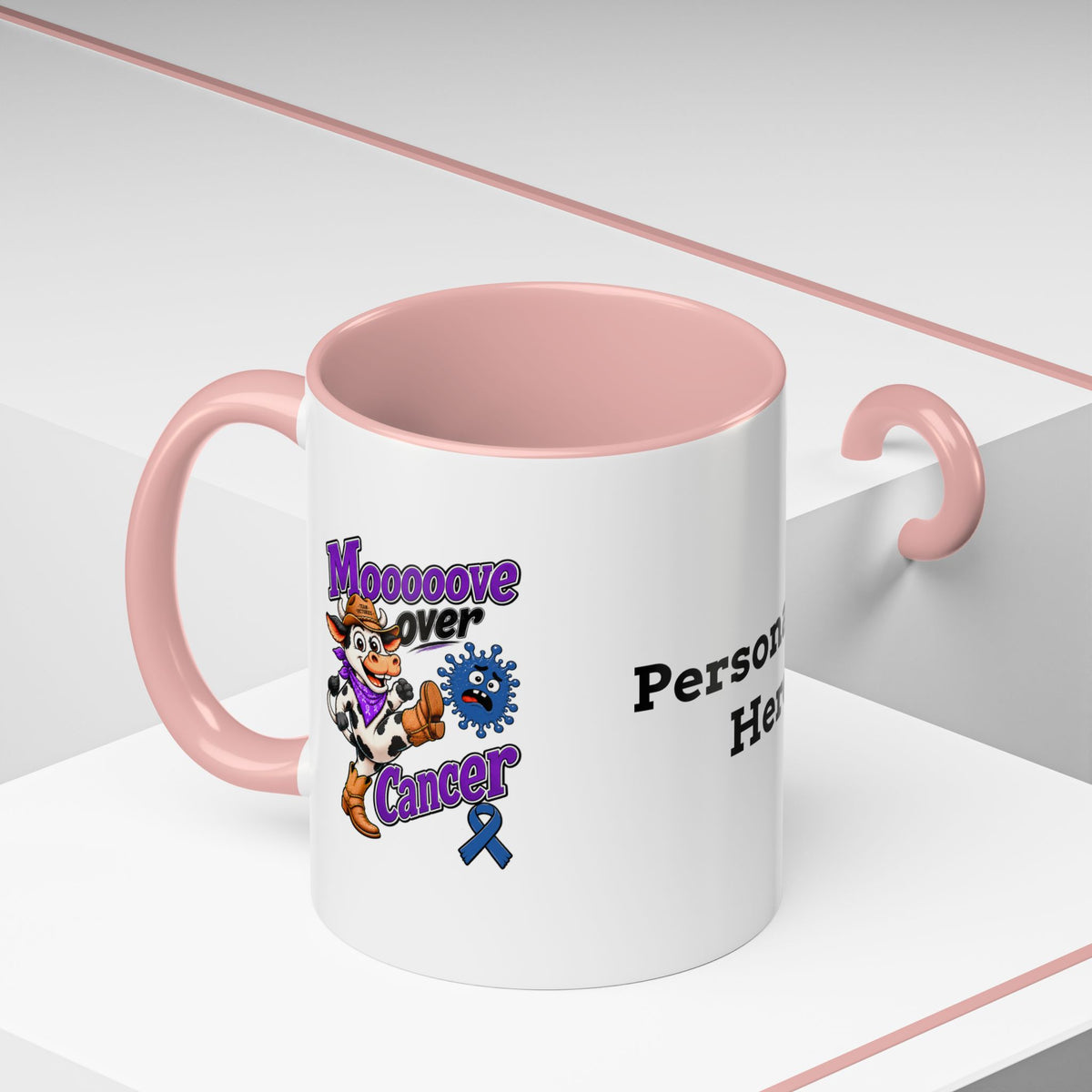 Moooove Over Cancer Colon Cancer awareness ribbon mug with red accents