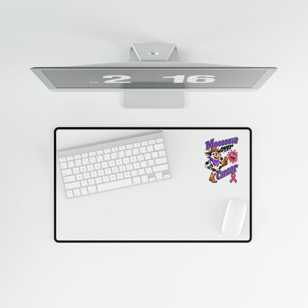 Moooove Over Cancer desk mat featuring Breast Cancer awareness ribbon artwork