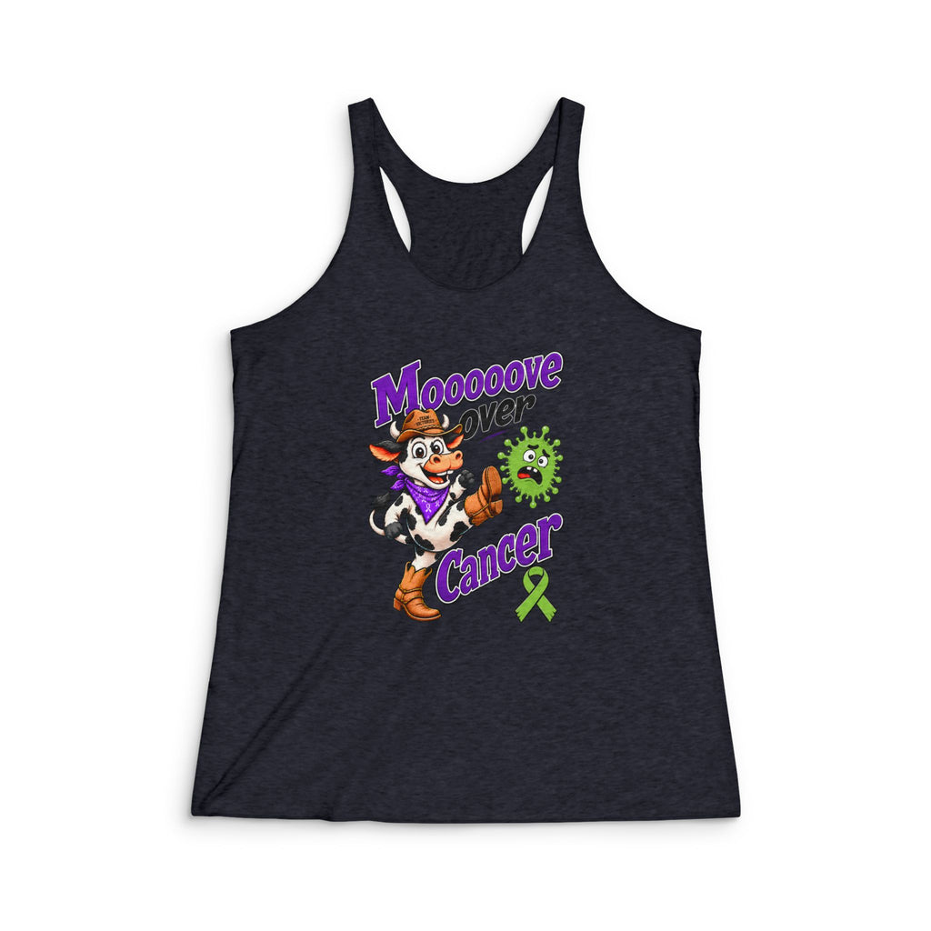 Moooove Over Cancer racerback tank top with a lime Non-Hodgkin/Lymphoma Cancer awareness ribbon in black