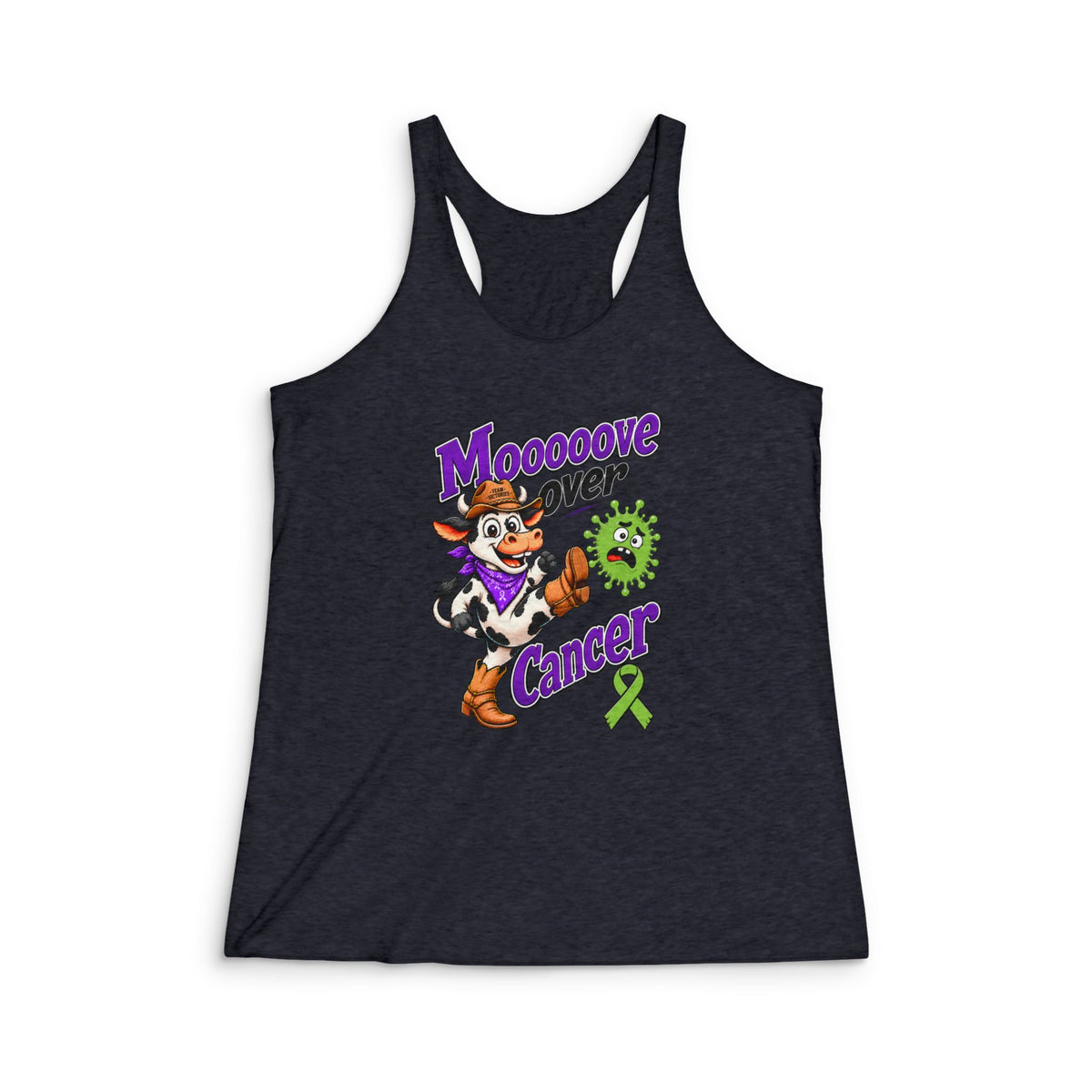 Moooove Over Cancer racerback tank top with a lime Non-Hodgkin/Lymphoma Cancer awareness ribbon in black
