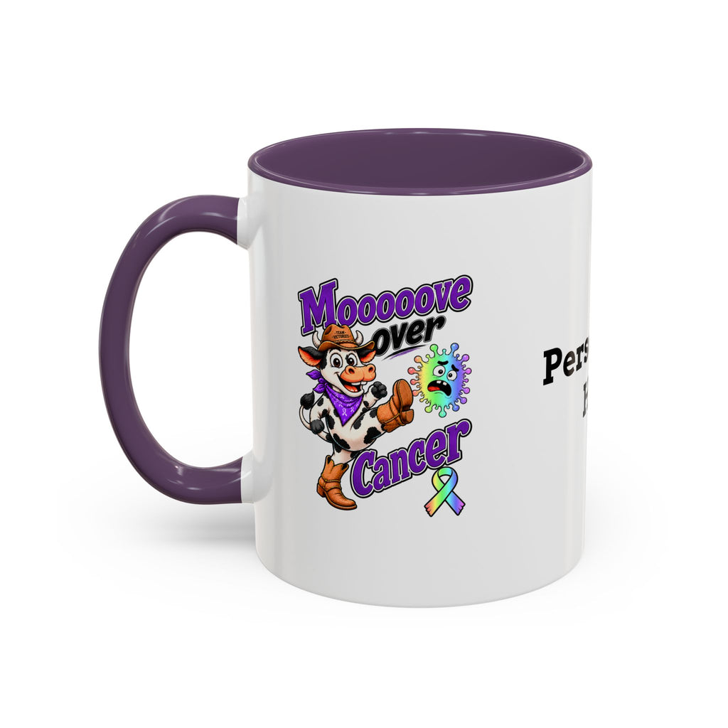 Team Victories all-cancer awareness ribbon on a mug with purple accent handle
