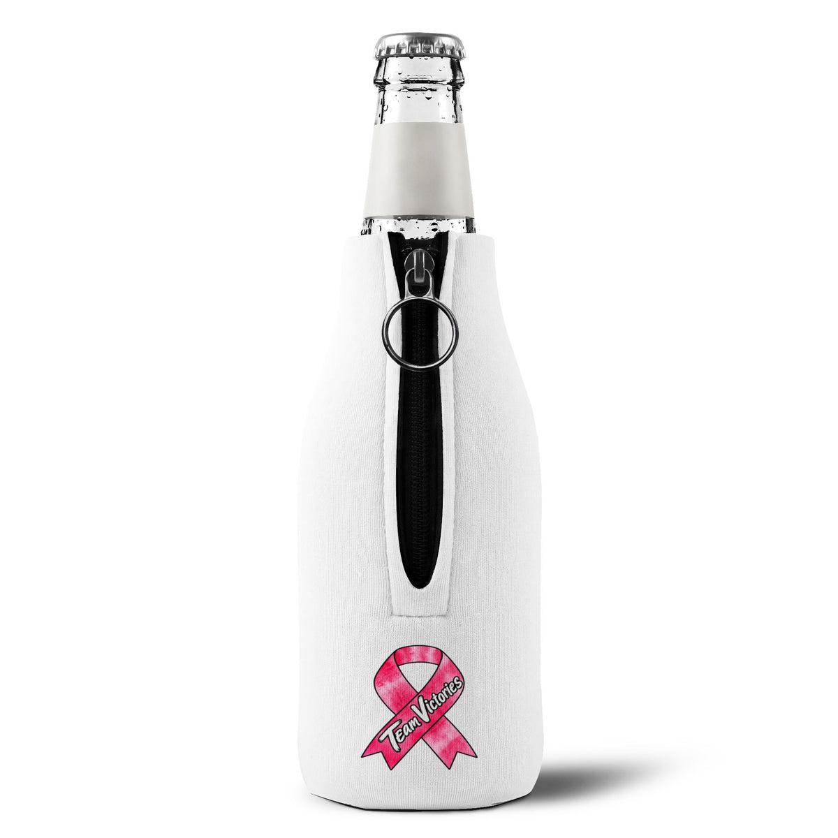 Back view of Moooove Over Cancer bottle cooler sleeve on a bottle with zipper and Breast Cancer awareness ribbon