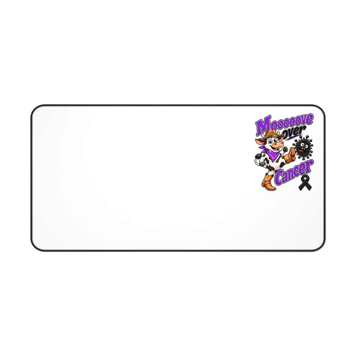 White Moooove Over Cancer mouse pad with cow design and black Melanoma Cancer awareness ribbon