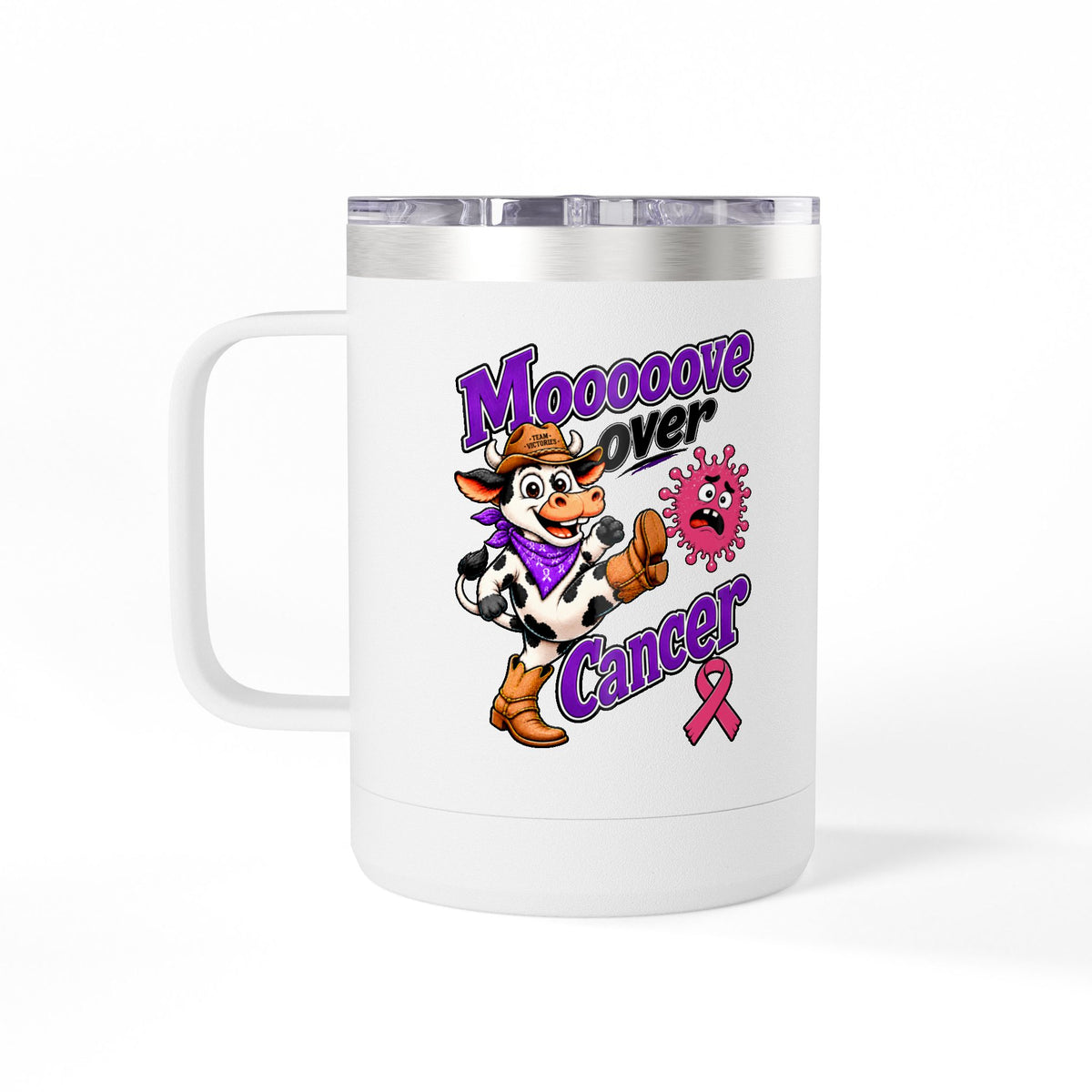 Mooove Over Cancer cow design and pink Breast Cancer awareness ribbon on a white insulated mug