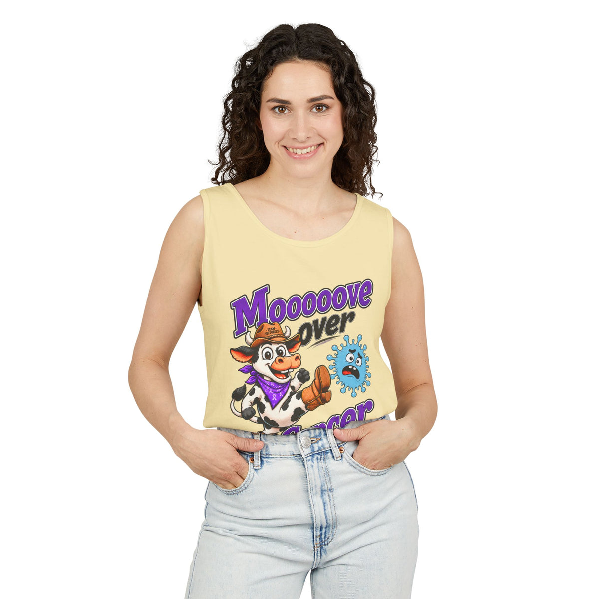 Man modeling an olive Moooove Over Cancer tank top with cancer support artwork