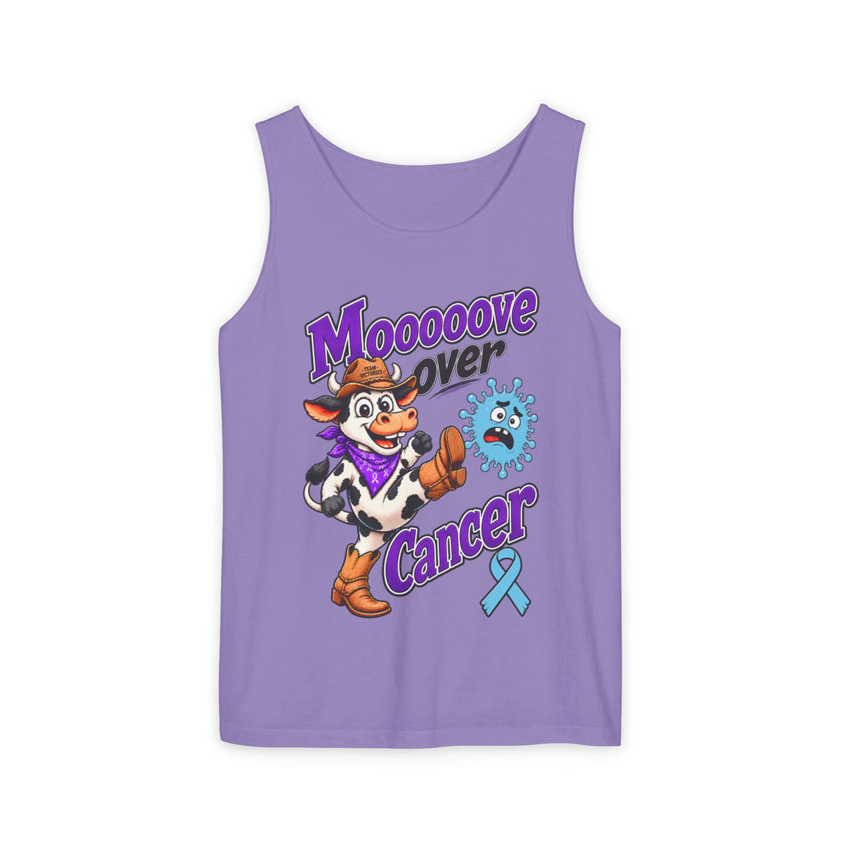 Moooove Over Cancer pink tank top featuring cow artwork and Prostate Cancer awareness ribbon