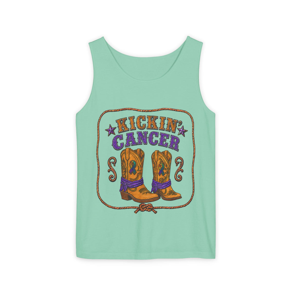 Mint green Kickin' Cancer tank top with Western boots and vintage lettering