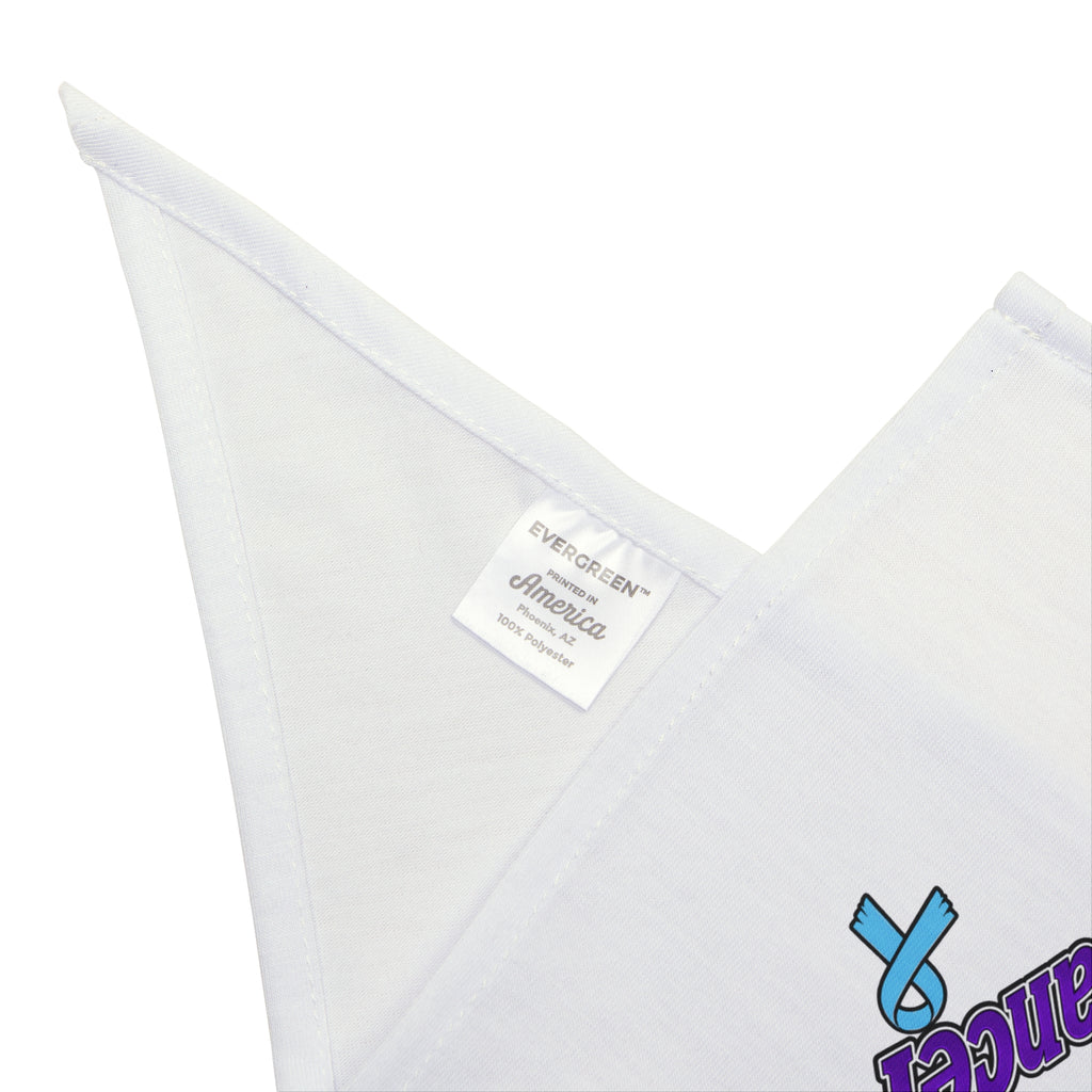 Close-up of Moooove Over Cancer bandana fabric and light blue Prostate Cancer awareness ribbon