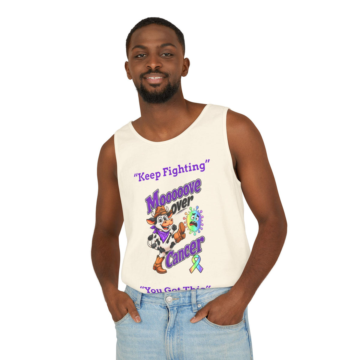 Woman modeling a yellow Moooove Over Cancer tank top with all-cancer awareness ribbon artwork