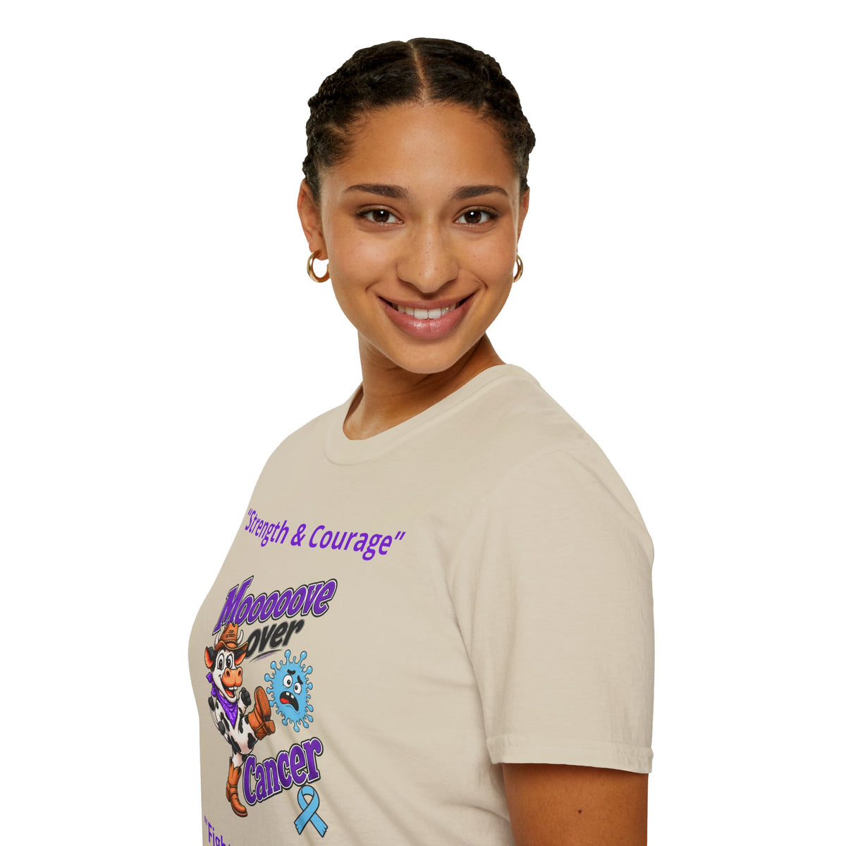 Seated woman wearing white Moooove Over Cancer T-shirt with Fight Baby Fight slogan