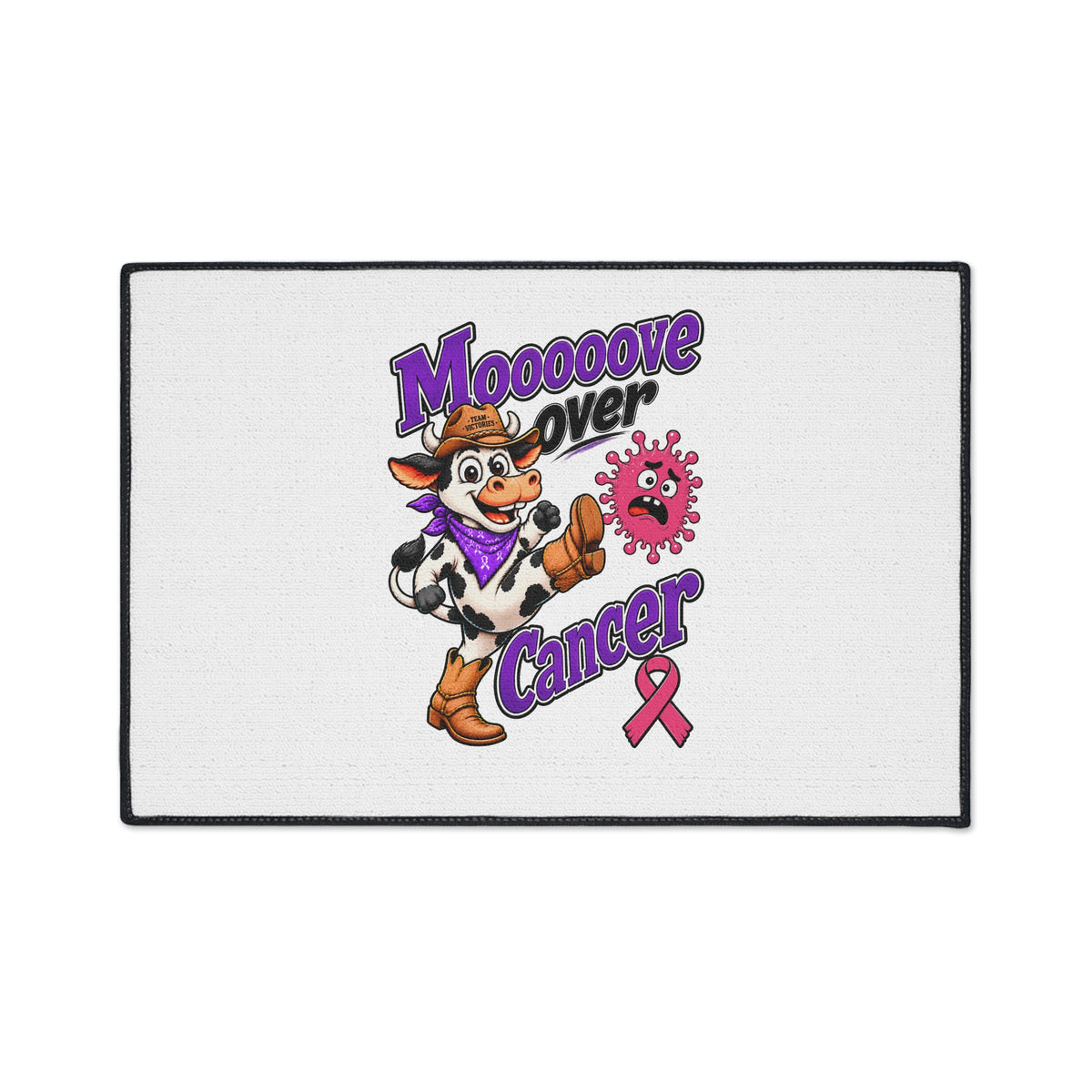 Moooove Over Cancer entry mat with vivid print and pink Breast Cancer awareness ribbon