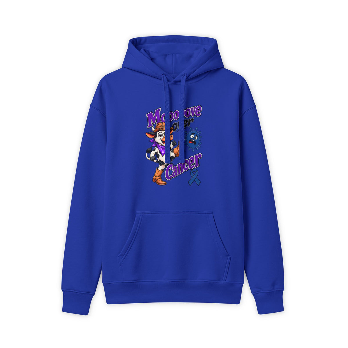 Blue Moooove Over Cancer hoodie featuring a Colon Cancer awareness ribbon