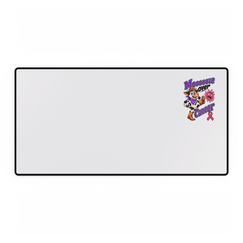 Wide Moooove Over Cancer mouse pad featuring a Breast Cancer awareness ribbon