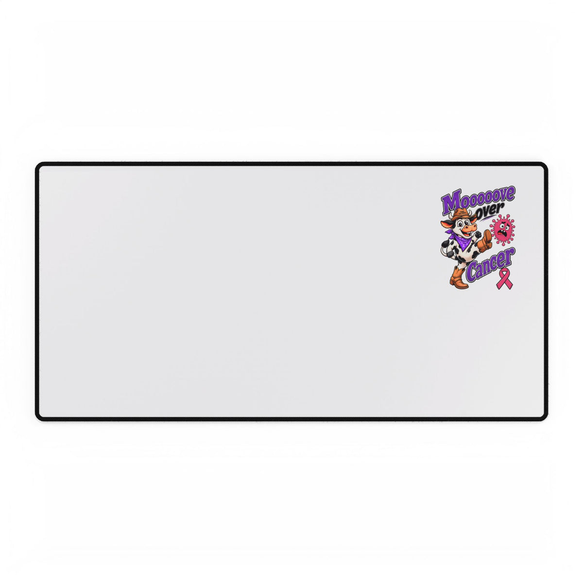 Wide Moooove Over Cancer mouse pad featuring a Breast Cancer awareness ribbon