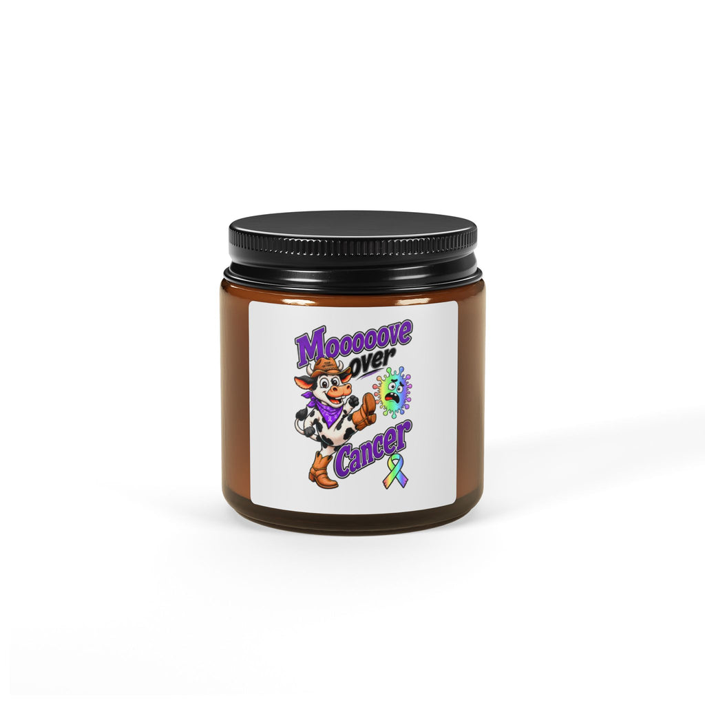Moooove Over Cancer 4oz amber jar soy candle with all-cancer awareness ribbon label