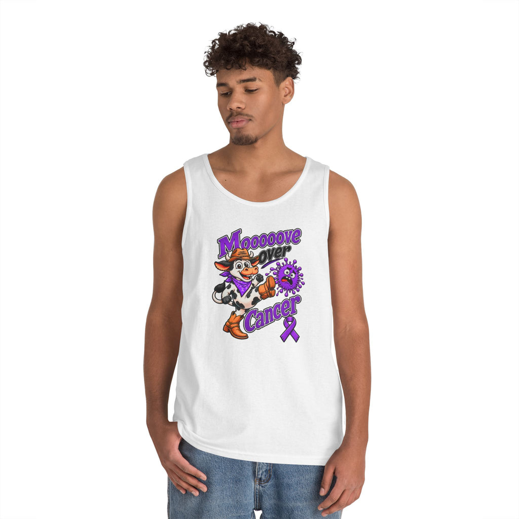 Model wearing the Moooove Over Cancer tank top featuring Pancreatic Cancer awareness artwork