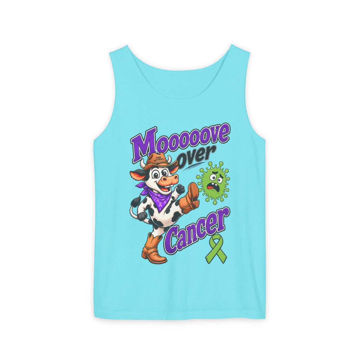 Moooove Over Cancer tank top with cow artwork on turquoise fabric