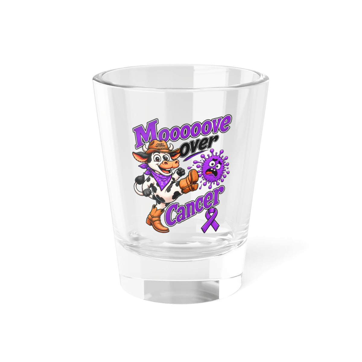 Moooove Over Cancer 1.5 oz shot glass with cowgirl, cancer character, and purple ribbon design