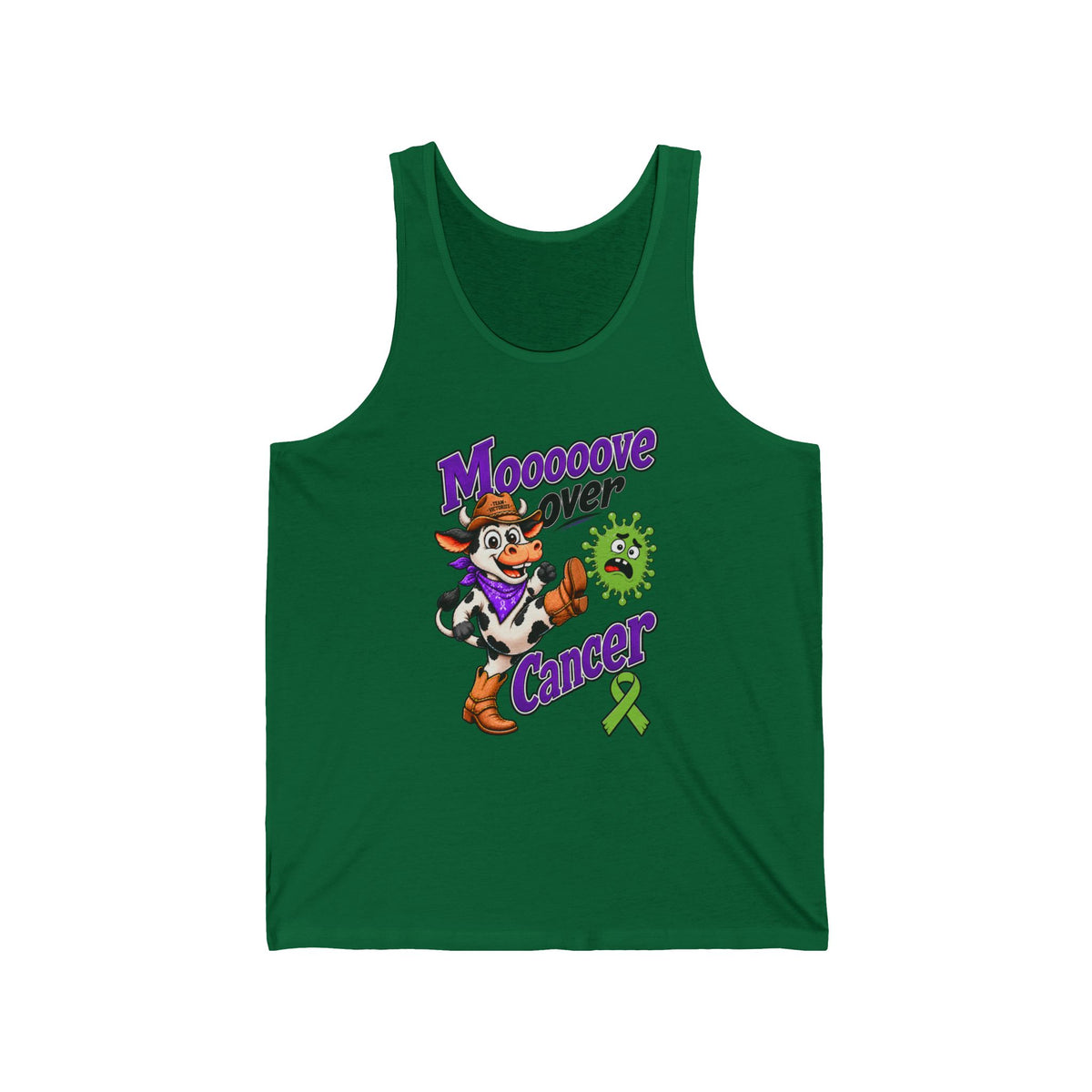 Dark green Moooove Over Cancer tank top with cow-inspired cancer-support artwork
